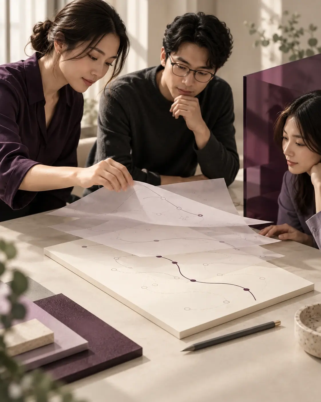 Ba người cùng nghiên cứu một tấm bản đồ lộ trình trải trên bàn, trong không gian tông tím.