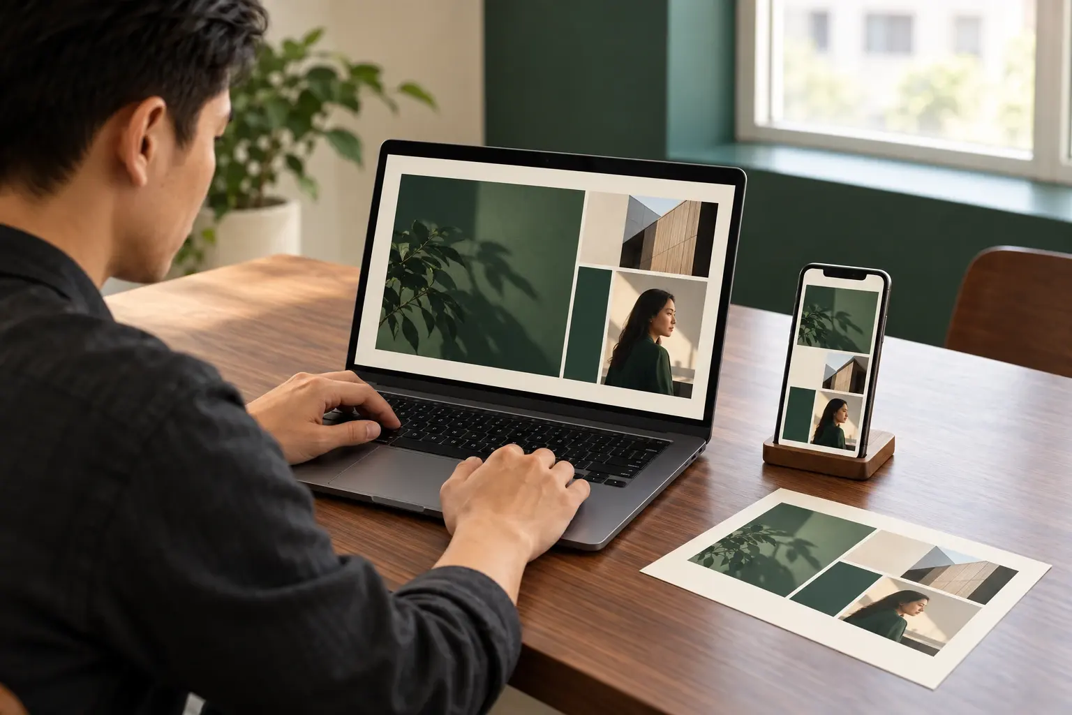 Một người làm việc trên laptop, bên cạnh điện thoại và bản in cùng một bố cục nội dung.