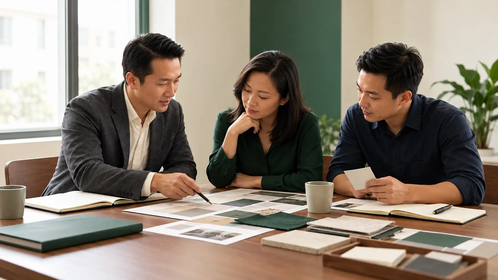 Ba người ngồi quanh bàn làm việc, cùng xem các mẫu ấn phẩm, bảng màu và tài liệu.