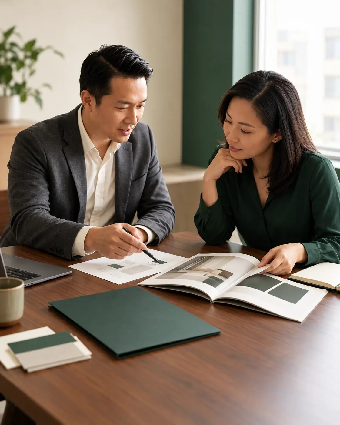 Hai người cùng xem một cuốn tài liệu thiết kế bên bàn, cạnh bìa hồ sơ xanh và các mẫu giấy.