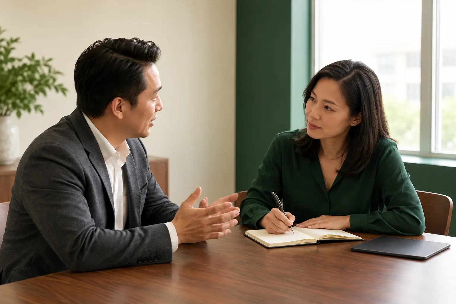 Hai người trò chuyện bên bàn làm việc, một người lắng nghe và ghi chép.