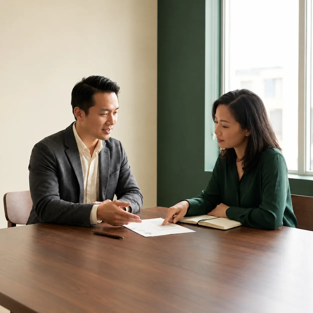 Hai người ngồi đối diện bên bàn gỗ, cùng trao đổi về một tờ tài liệu đặt giữa bàn.