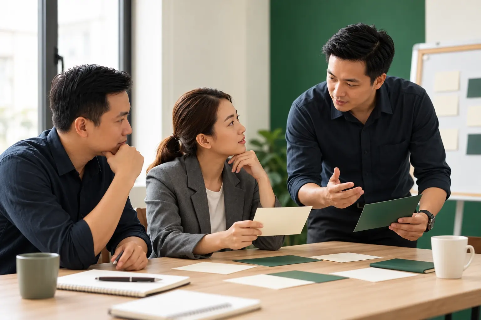 Nhóm ba người thảo luận quanh bàn với các thẻ ghi chú, một người đứng giải thích.