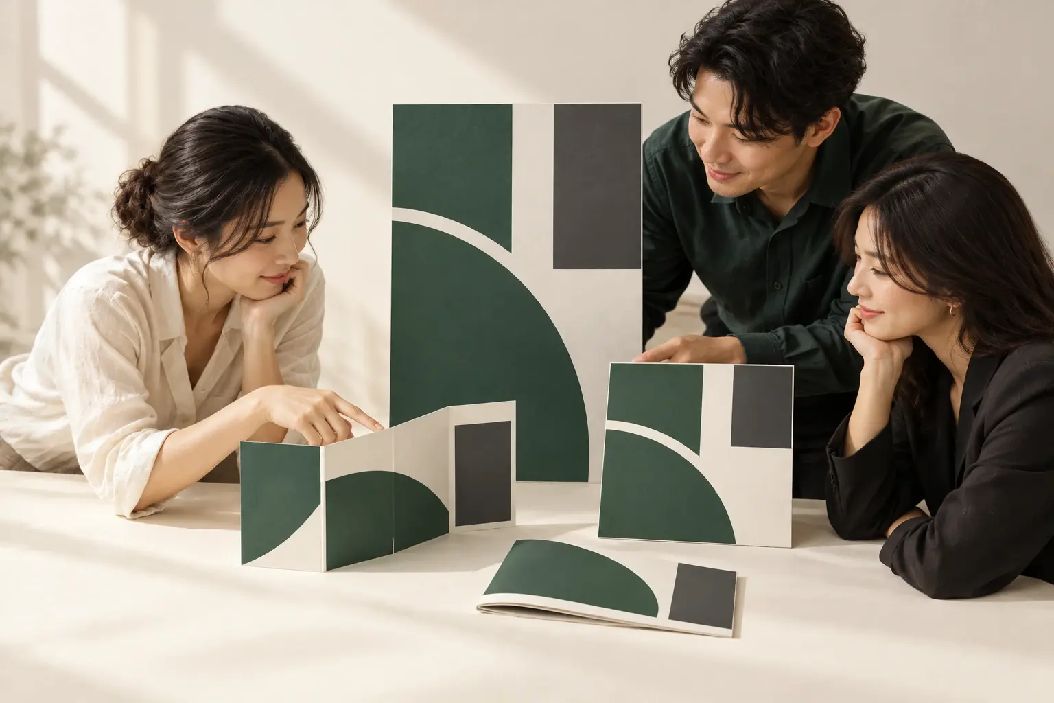 Ba người xem các ấn phẩm dạng khối hình xanh lá và xám dựng trên bàn.